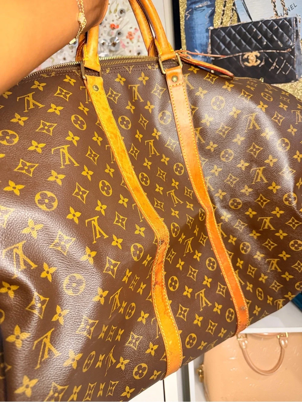 Louis Vuitton Brown Monogram Travel Duffle with Tan Leather Trim
